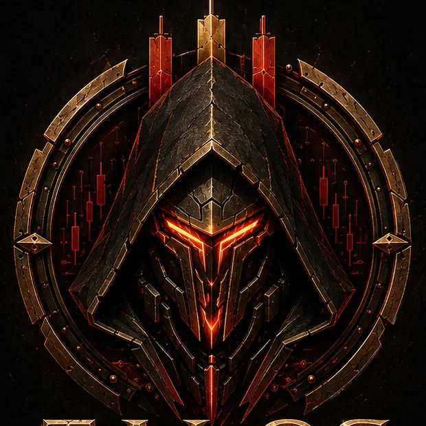 Talos emblem — a hooded bronze-and-steel helm with a glowing ember visor, ringed by a segmented gold circle over red candlestick bars